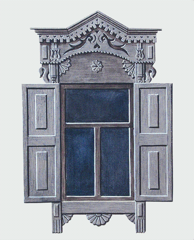 "Наличник окна. Конец 19 – начало 20 вв. Рисунок из альбома «Чувашский орнамент» М.С. Спиридонова. Научный архив ЧГИГН."